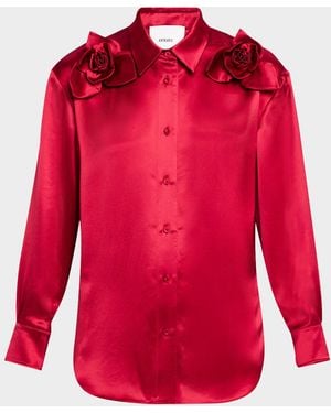 AKNVAS Flor Satin Button-Front Blouse With Roses - Red
