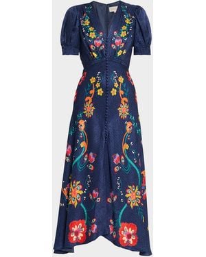 Saloni Lea Printed Long Dress - Blue