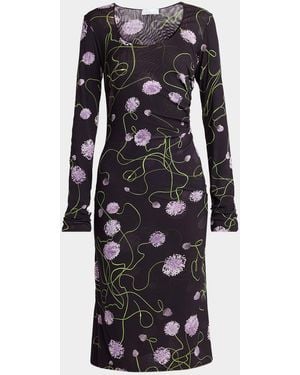 Stella McCartney Twisted Flower-Print Ruched Mesh Long-Sleeve Dress - Black
