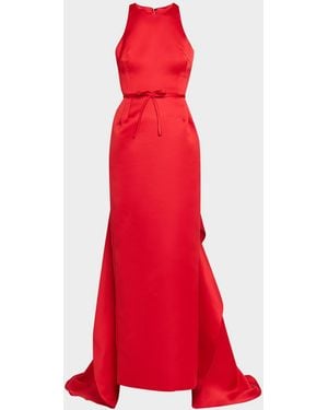 Atelier Prabal Gurung Caroline Satin Halter Column Gown With Detachable Train - Red