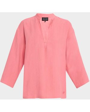 Giorgio Armani V-Neck Hemp Relaxed Long-Sleeve Shirt - Pink