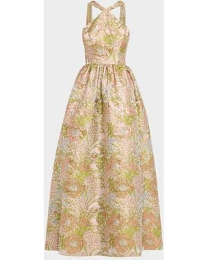 Aidan Mattox Draped Floral Jacquard Halter Gown - Metallic