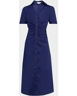 Shoshanna Barnet Ruched Stretch Cotton Midi Shirtdress - Blue