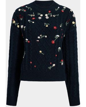 KHAITE Elias Floral-Embroidered Cashmere Sweater - Blue