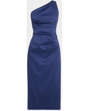 Aidan Mattox One-Shoulder Stretch Mikado Midi Dress - Blue
