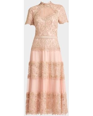 Tadashi Shoji Stelly Pleated Embroidered Tulle Midi Dress - Natural