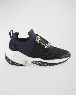 Roger Vivier Viv' Run Strass-embellished Scuba And Leather Sneakers - Blue