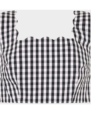 MILLY Mia Scalloped Gingham Crop Top - White