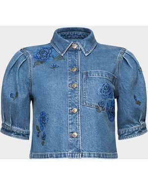 Cinq À Sept Cropped Heatset Roses Denim Jacket - Blue