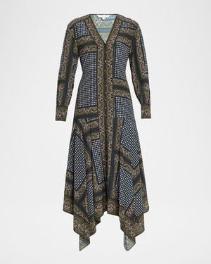Veronica Beard Skye Scarf-Print Midi Dress - Gray