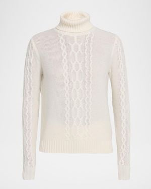 Neiman Marcus Cashmere Placed Cable Turtleneck Sweater - White