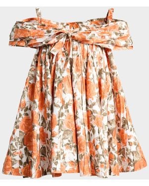 Chloé Floral Pleated Off-The-Shoulder Mini Babydoll Dress - Orange