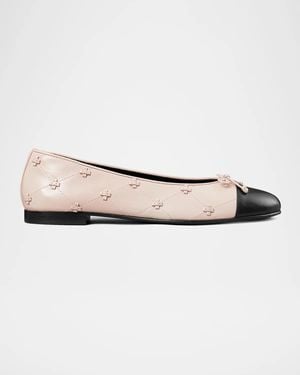 Tory Burch Bunny Knot Leather Cap-Toe Ballerina Flats - White