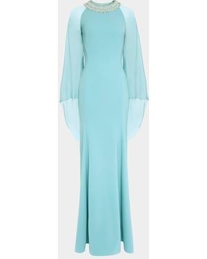 Jenny Packham Charma Crystal-Neck Flare-Sleeve Gown - Blue