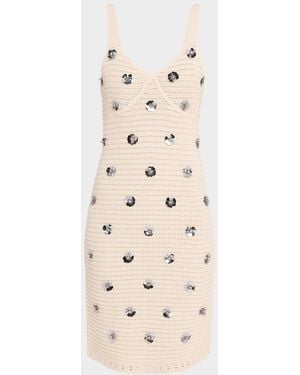 Toccin Yoko Flower Sequined Crochet Knee-Length Dress - Natural