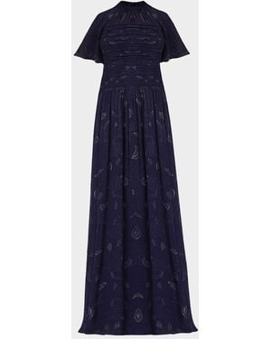 Shoshanna Serafina Flutter-Sleeve Floral Burnout Gown - Blue