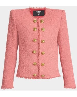 Balmain Lion Head Double-Breasted Tweed Jacket - Pink