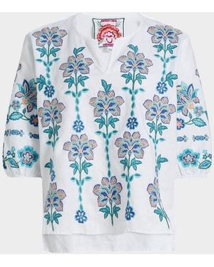 Johnny Was Floral-Embroidered Linen Blouse - Blue