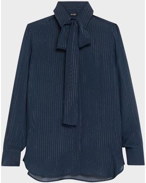 Kiton Metallic Pinstripe Silk Neck-Tie Blouse - Blue