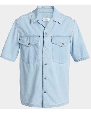 Versace Apos;S Embroidered-Logo Short-Sleeve Denim Shirt - Blue