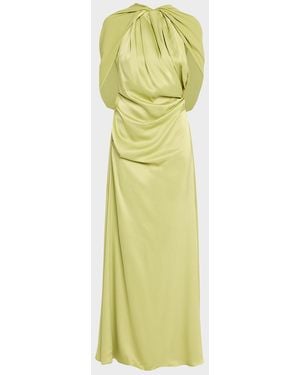 Rachel Gilbert Hallie Draped Satin Cape-Sleeve Gown - Green