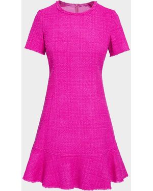 Santorelli Manta Fringe-Trim Ruffle Tweed Mini Dress - Pink