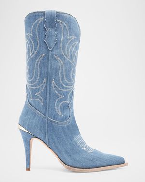 Partow Cherie Denim Western Stiletto Mid Boots - Blue