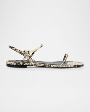 STAUD Laurel Snake-Embossed Leather Flat Sandals - Metallic
