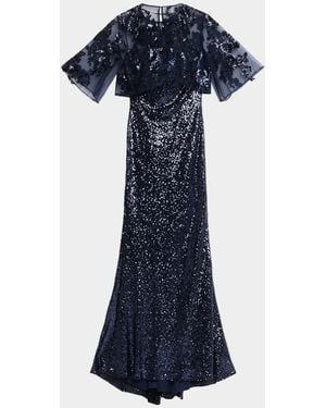 Rene Ruiz Sheer Cape Sequin Column Gown - Blue