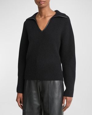 Vince Ribbed Polo Sweater Leather Trim - Black