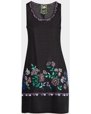 Johnny Was Beaded Floral-Embroidered Linen Tank Dress - Black