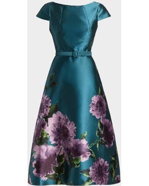 Kay Unger Ina Floral-Print Mikado Midi Dress - Blue