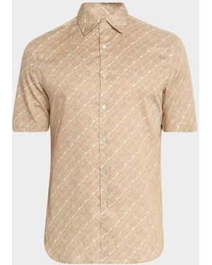 Canali Foliage-Print Cotton Short-Sleeve Shirt - Natural