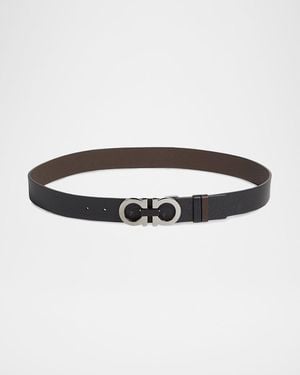 Ferragamo Moufflon Adjustable & Reversible Double-Gancini Buckle Leather Belt - Black