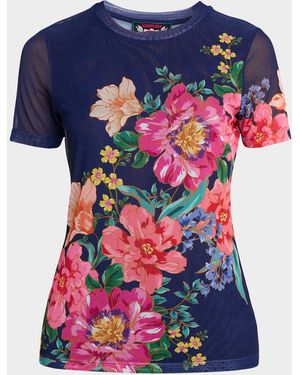 Johnny Was Eleanor Floral-Print Crewneck Mesh Tee - Blue