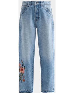 Johnny Was The Barrel Floral-Embroidered Denim Jeans - Blue