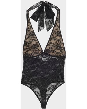 Alice + Olivia Lina Plunging V Lace Bodysuit - Black