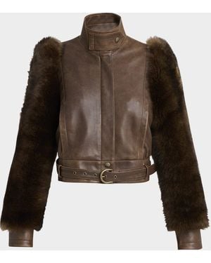 Chloé Faux Fur Sleeves Leather Bomber Jacket - Brown
