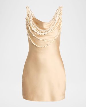 Balmain Draped Shell Embellished Satin Mini Dress - Natural
