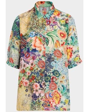 Johnny Was Filaree Floral-Print Silk Blouse - Gray
