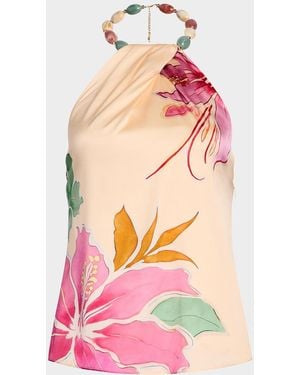 retroféte Milani Beaded Silk Halter Top - Pink