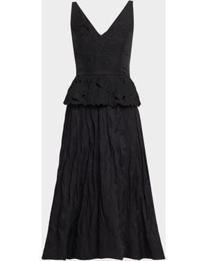 Jason Wu Sleeveless Floral Embroidered Peplum Midi Dress - Black