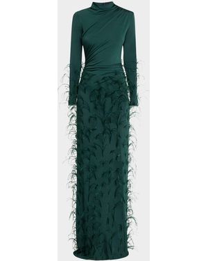 LAPOINTE Feather Embellished Draped Jersey Gown - Green