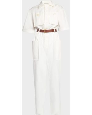 Saint Laurent Short-Sleeve Belted Straight-Leg Jumpsuit - White