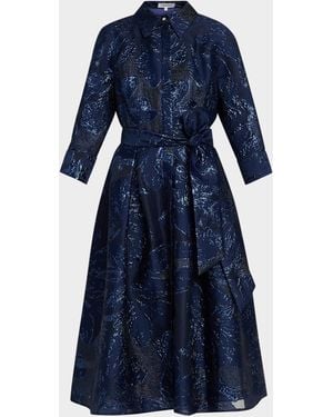 Teri Jon Metallic Jacquard Shirtwaist Midi Dress - Blue