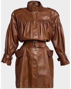 Chloé Gathered Shiny Leather Belted Trench Coat - Brown
