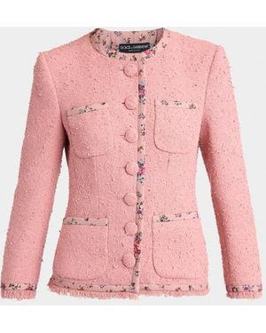Dolce & Gabbana Floral-Trim Boucle Single-Breasted Jacket - Pink