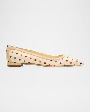 Manolo Blahnik Filotas Polka-Dot Twill Ballerina Flats - White