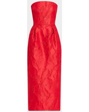 Monique Lhuillier Strapless Rose Jacquard Midi Dress - Red