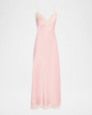 LoveShackFancy Lomira Bow Applique Satin Slip Dress - Pink